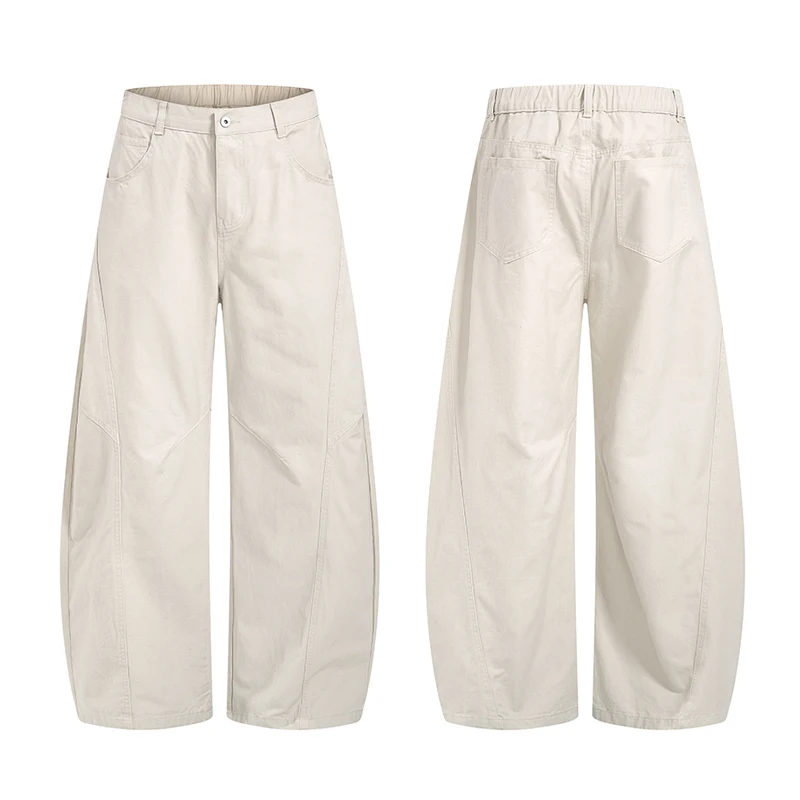 Streetwear Men's Curved Pants Deconstructed Seam Baggy Fit Back Ealstic Waist Casual Wide Leg Floor Length Trousers
