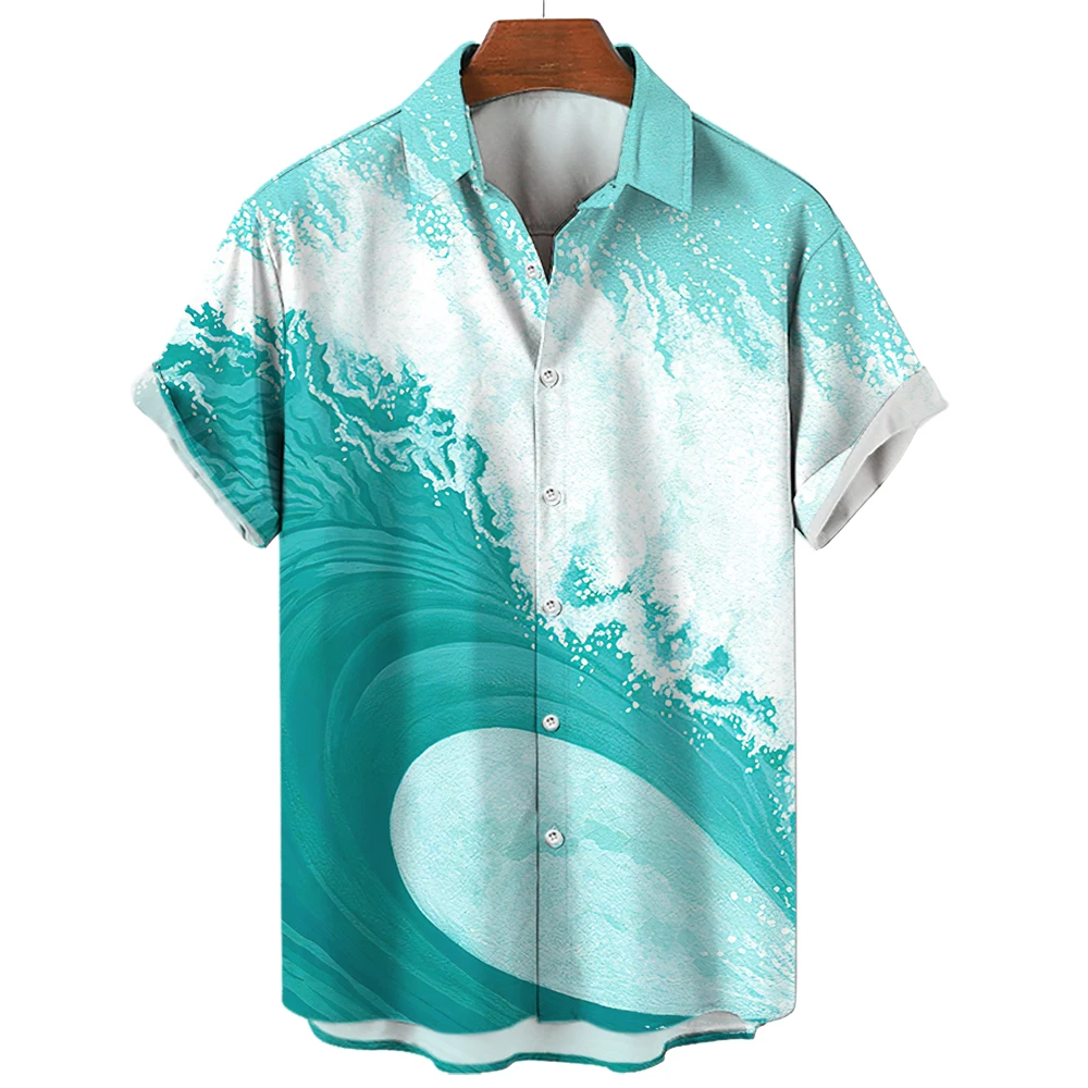 Camisas masculinas de ondas oceânicas, camisas de praia havaianas para surf 3D, tops Y2K de manga curta, roupas vintage, blusa de lapela