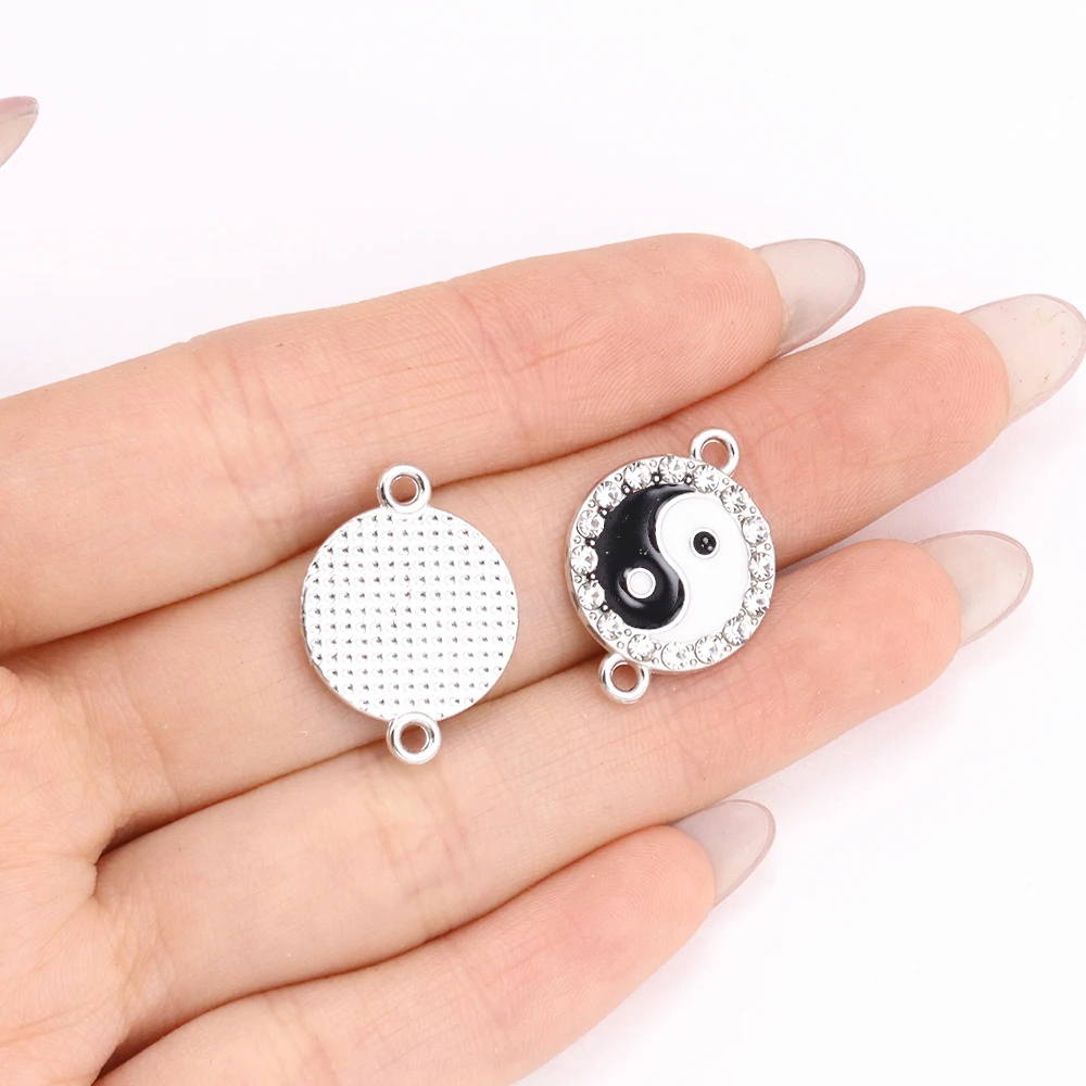 10Pcs Black and White Enamel Yin Yang Tai Chi Charms Connect Necklace Bracelet Jewelry Making Handcrafted Accessory Zircon Metal