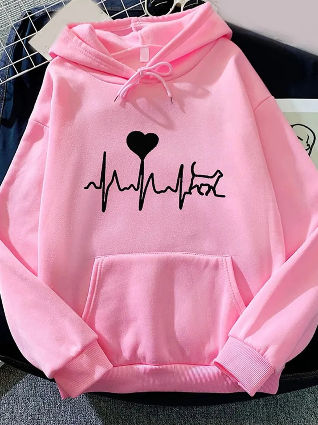 Heartbeat Love Creative Print Women'S Hoodies Korean Loose Hoody Pocket Comfortable Pullovers Autumn Fleece Female Streetwear