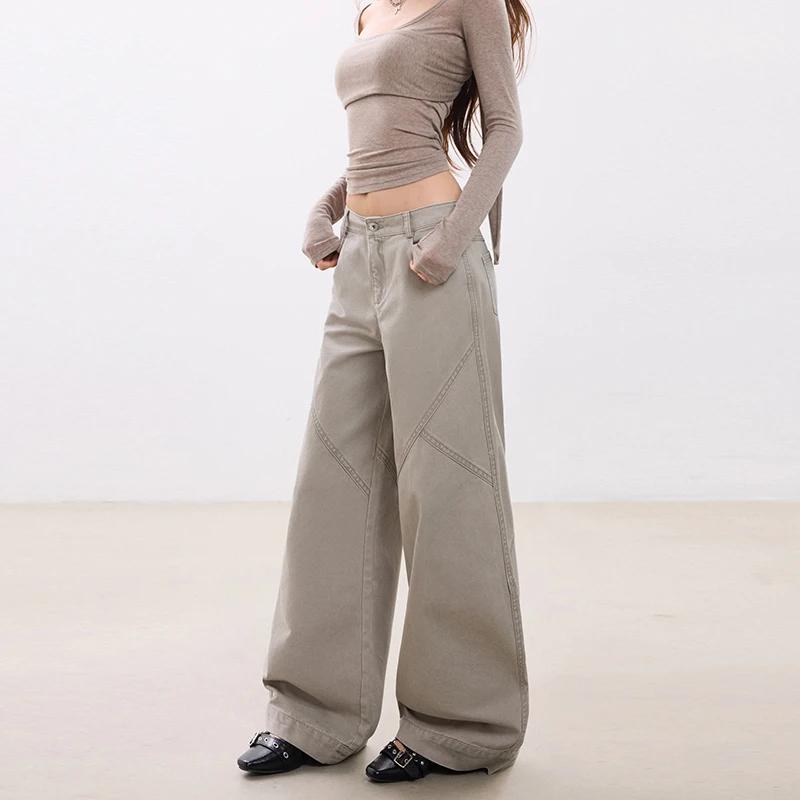 Women's Cargo Pants American Vintage Relaxed Fit Gray Cotton Mid-Rise Loose Casual Pants Fashion Streetwear Ladies Trousers