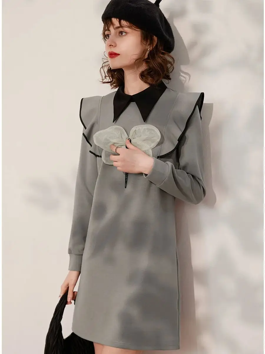 LOUIS YAO Women Dress Polo Neck Long Sleeve 2024 Spring New 3D Dragonfly Flounce Straight Casual Fashionable Mini Dress