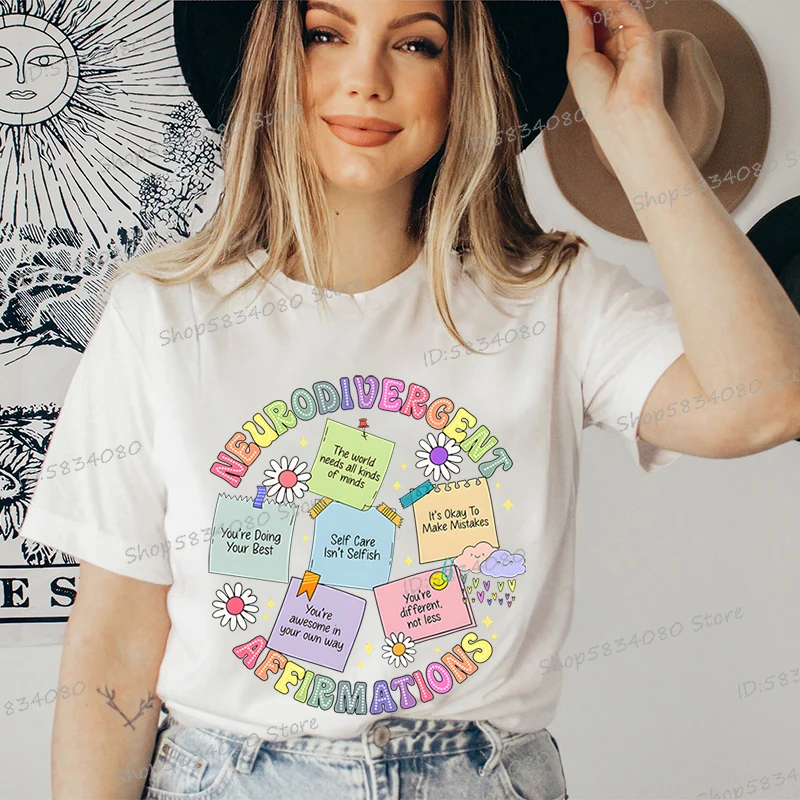 Neurodivergent Affirmations Graphic T Shirts Women Autism Acceptance Cute Tops Neurodiversity Shirt Mental Health Classic Tops