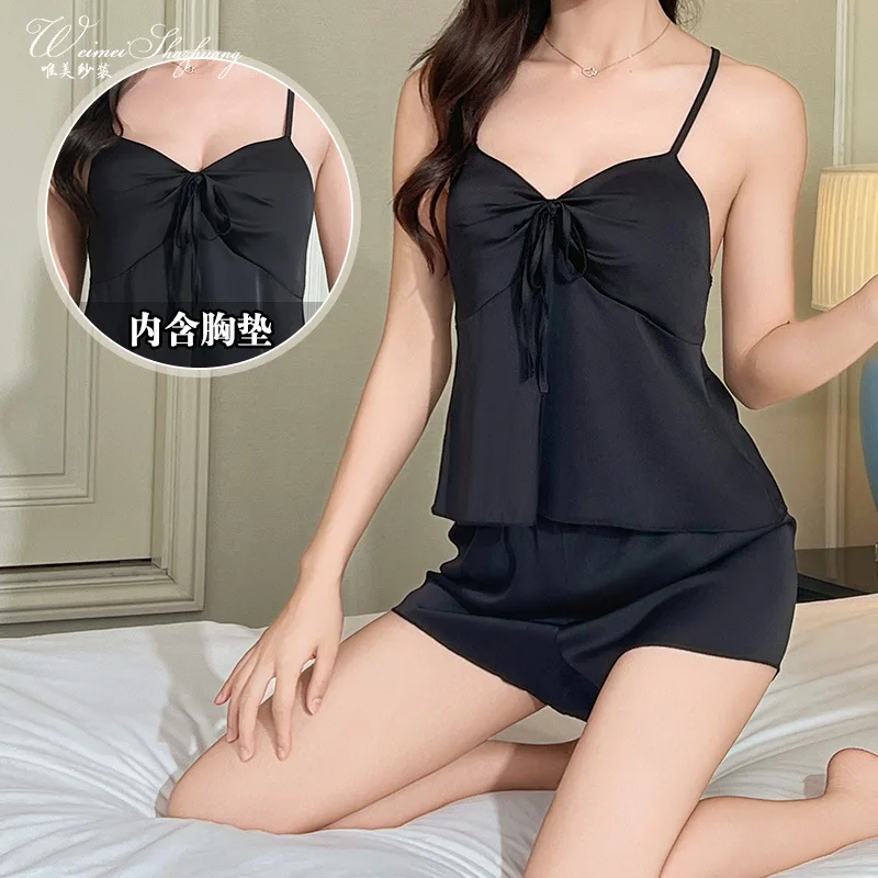 Sexy Deep V with Chest Pads Homewear Set Summer Pure Desire Ice Silk Camisole Shorts Pajamas Two-Piece Set