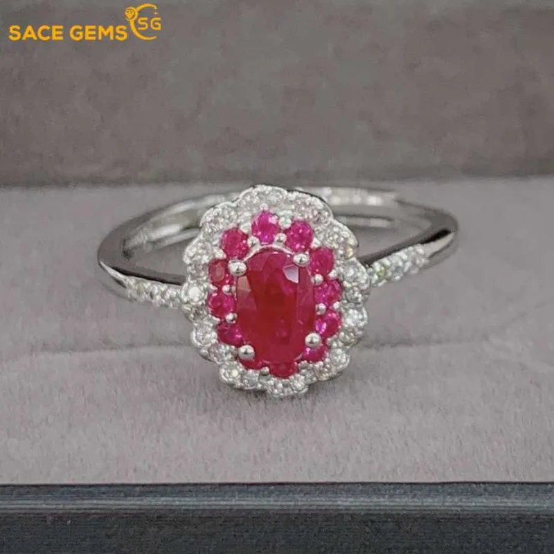 

SACE GEMS New 925 Sterling Silver Certified 4*6MM Natural Ruby Rings for Women Engagement Cocktail Party Fine Jewelry Gift