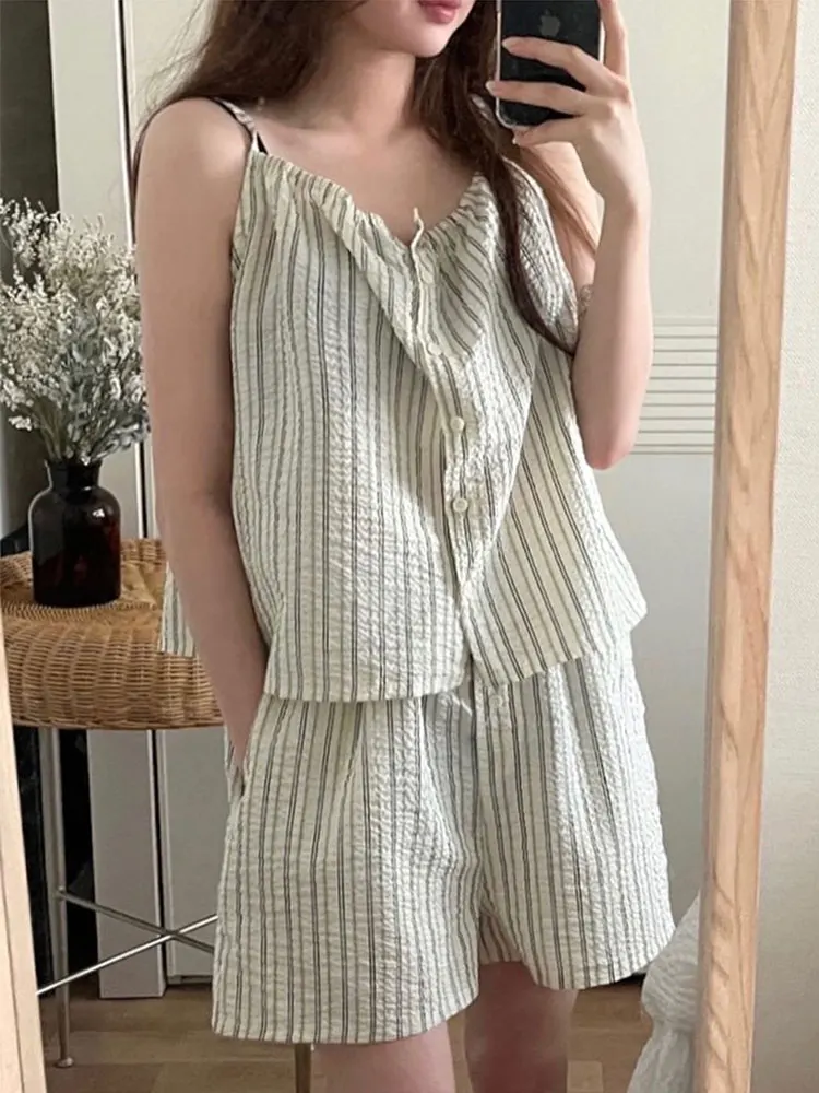 Summer Casual Cotton Linen Striped Crop Top And orts Pajama Set Women's Spwear V-ne Button Decoration Thin Fabric