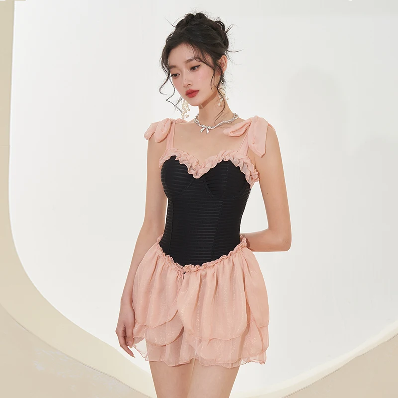 Summer Sweet Japanese Patchwork One-Piece Girl Swimsuit Pettiskirt Sling Fairy Style Vacation Hot Spring Swimwear for Women