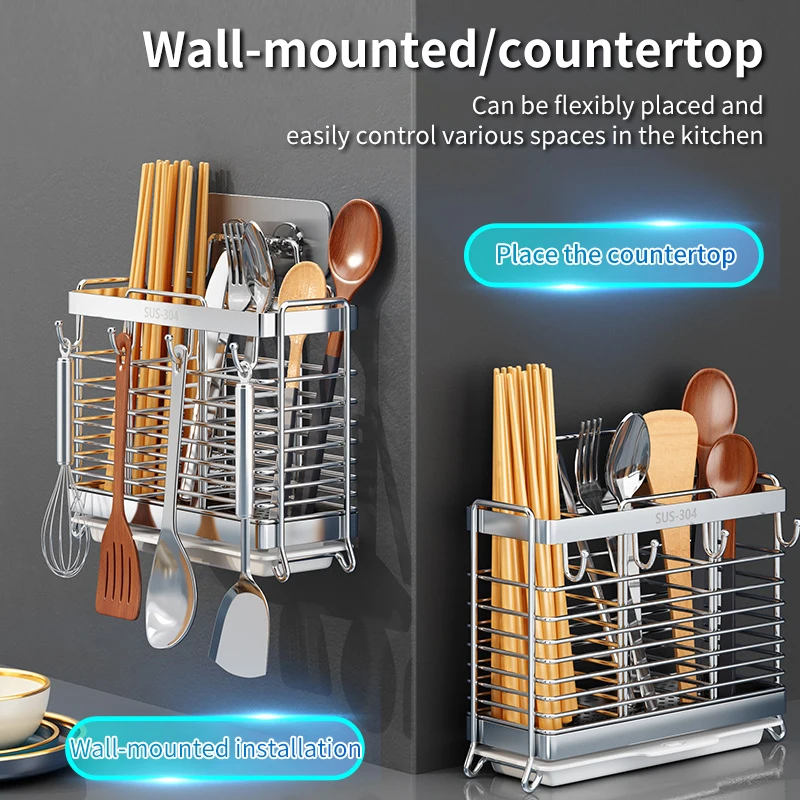 

Wall Mounted Household Chopsticks Spoon Fork Cutlery Box 304 Stainless Steel Chopstick Drainer Storage Accessories Items Holder