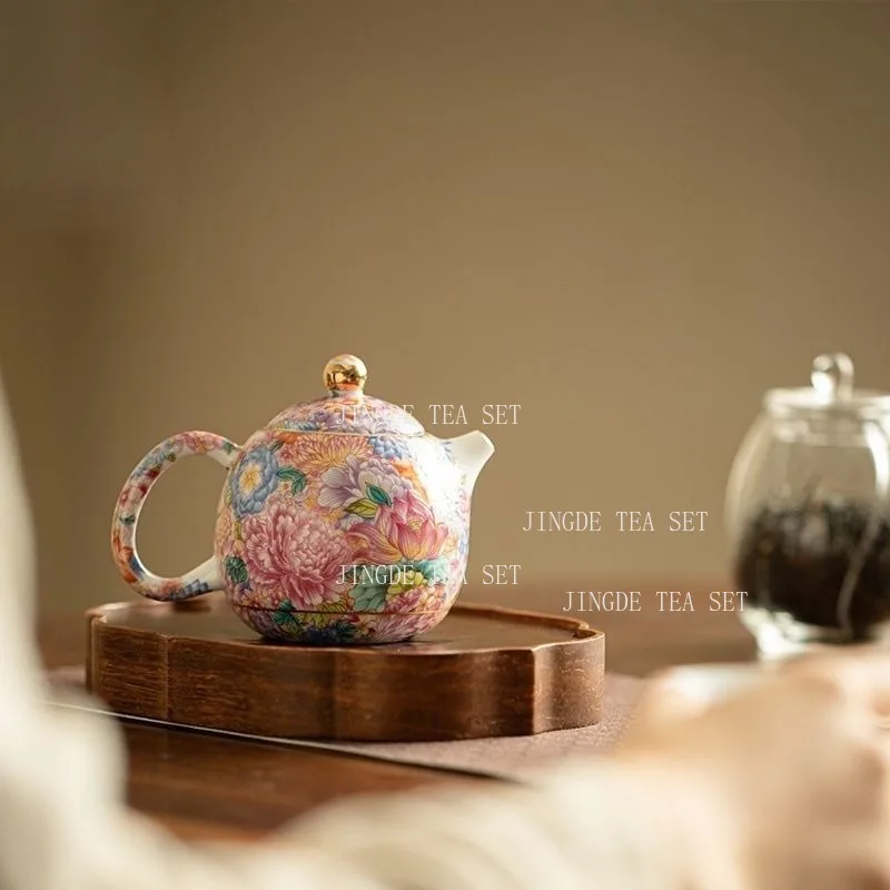 Full Color Floral Porcelain Teapot Gold Trim Wanhua Pattern Ceramic Tea Pot Round Body White Porcelain Gongfu Tea Brewing Kettle