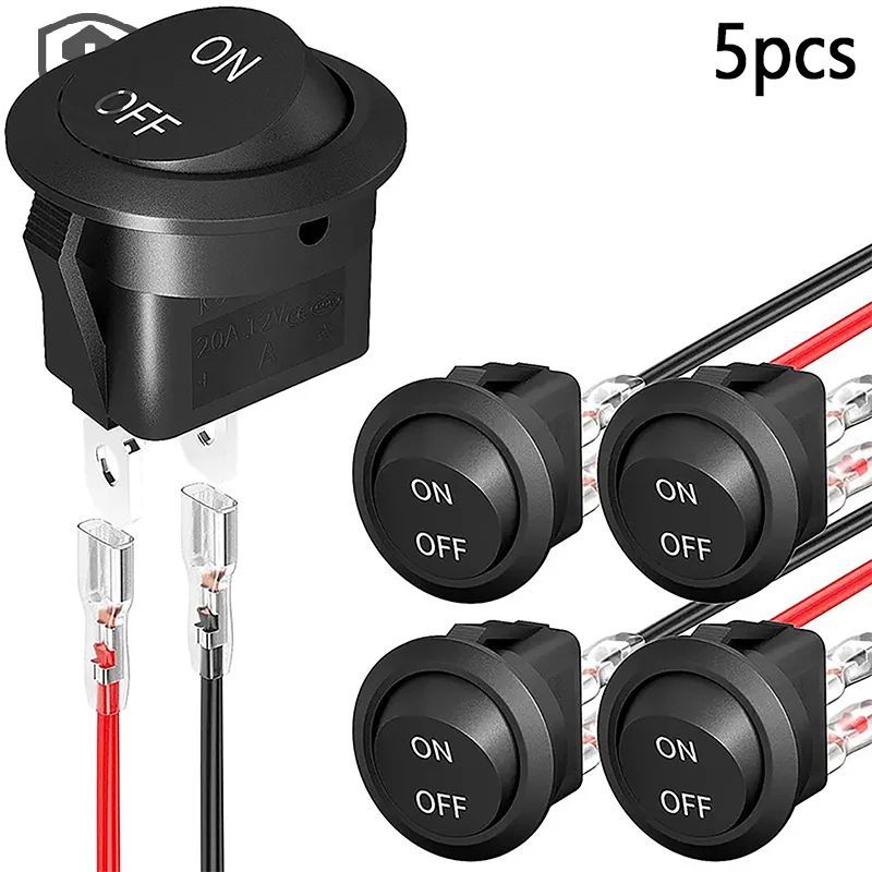 5Pcs/lot Round Rocker Switch ON Off SPST Mini Toggle Switches 12V For Car Automotive RV 2 Pin Switch w/Wire