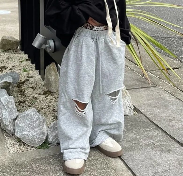 Parent Child Outfit Japanese Spring Summer Autumn Boys' Loose Wide Leg Pants Girls' Drawstring Ripped Casual Korean Long Pants