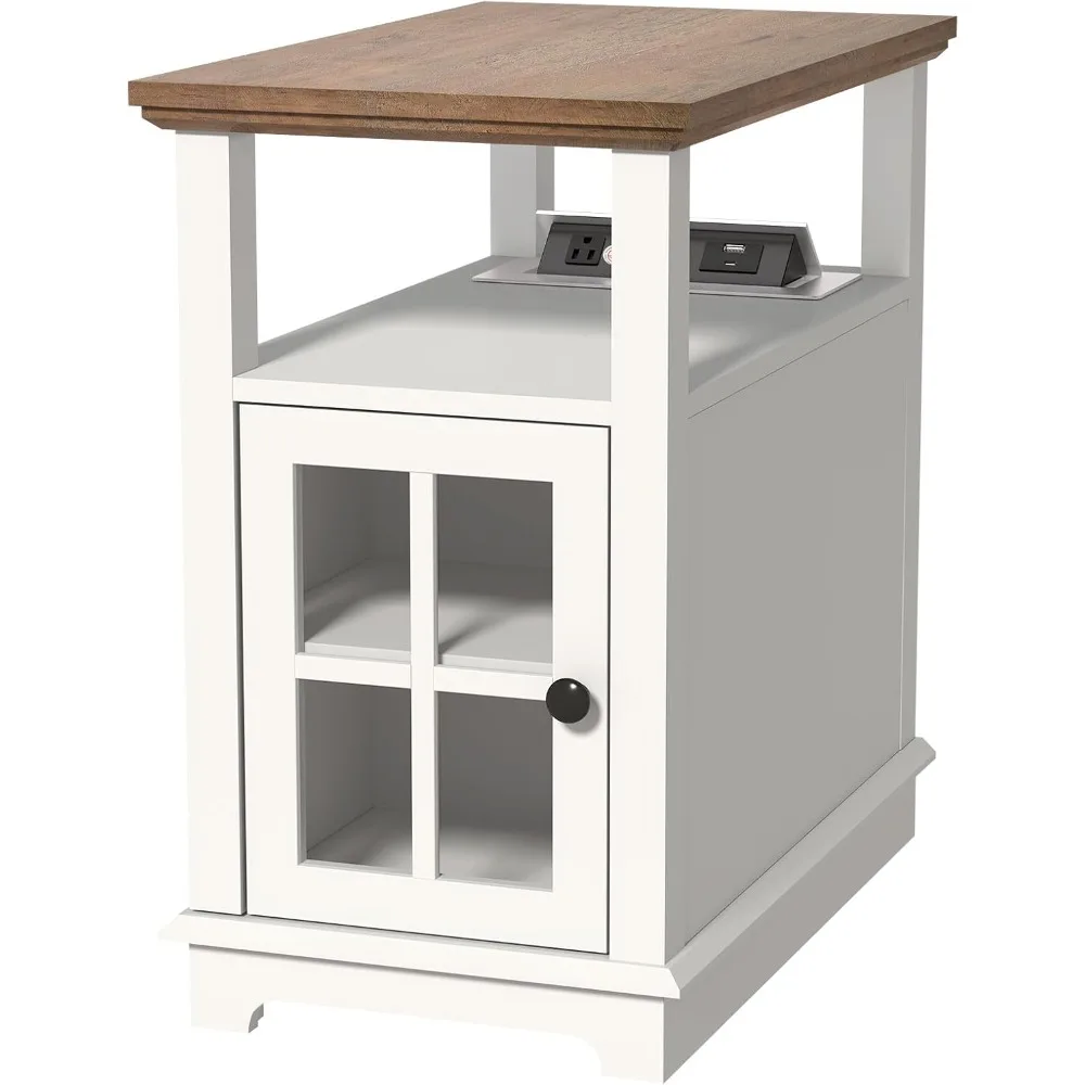 narrow end table with flip top charging station, storage side table, type-c & usb port & adjustable shelf, white end table livi