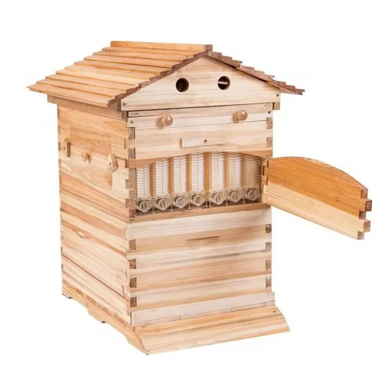 Full Set 7PCS Automatic Self Flowing Honey Bee Hive Apiculture Chinese Fir Wood Beekeeping Beehive Box