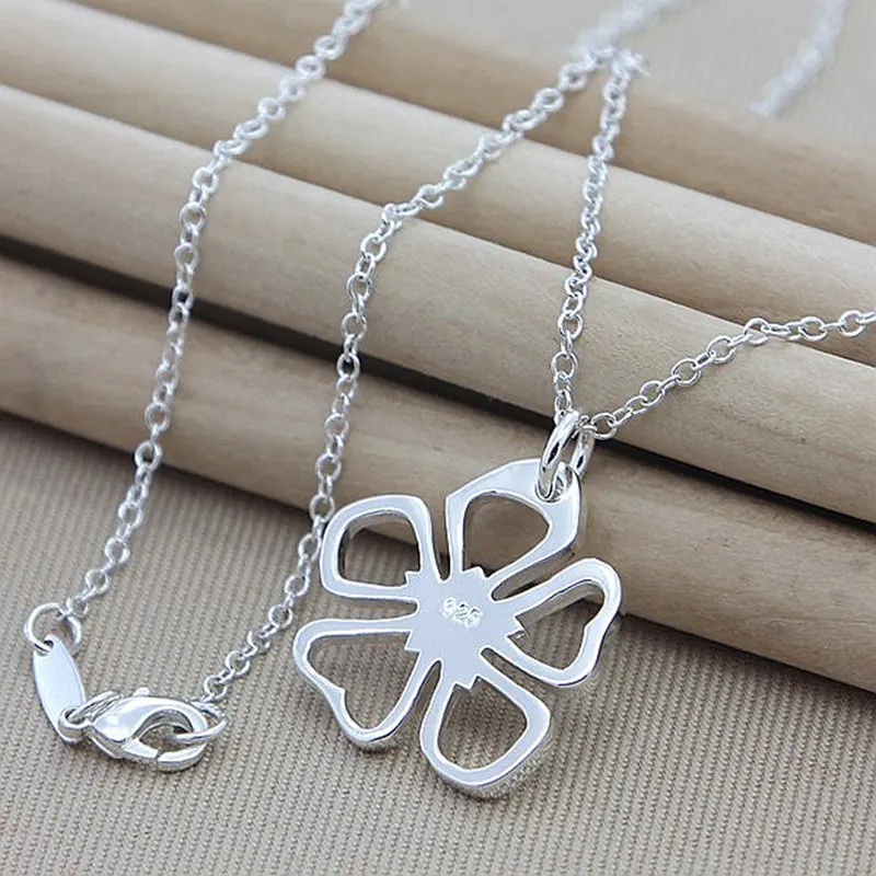 

925 Sterling Silver 18 Inch Chain Flower Pendant Necklace For Woman Wedding Engagement Party Charm Jewelry