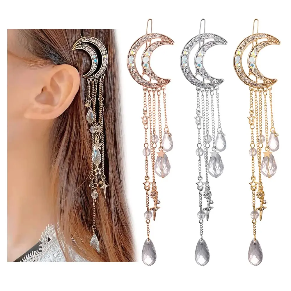 Vintage Crystal Moon Shape Hair Clips Women Star Barrette Long Chain Beaded Dangle Tassel Hairpins Bridal Hair Accessories