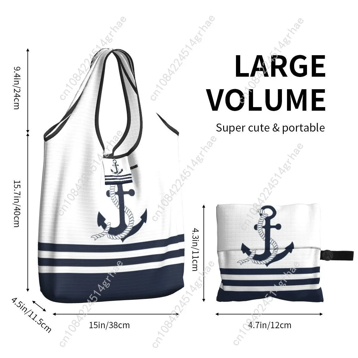 Tas Belanja Jinjing Portabel Motif Jangkar Biru Nautikal Kustom Dengan Garis-garis Biru dan Putih, Tas Selempang Belanja, Tas Tangan Pelaut
