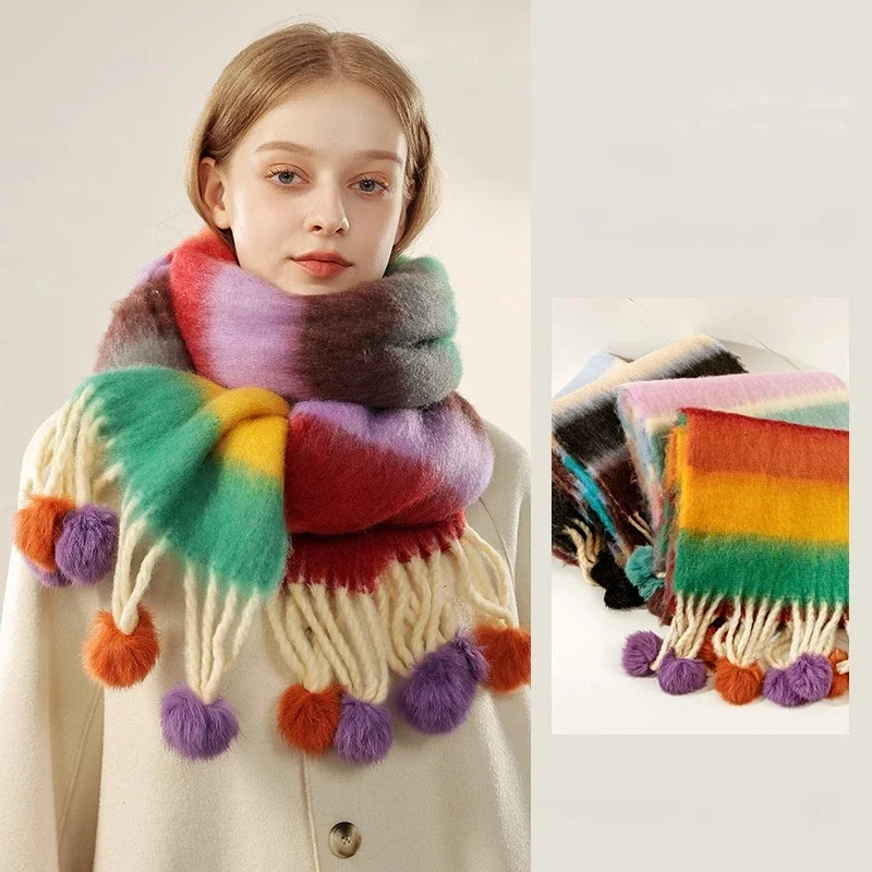 Women Winter Scarf Imitation Cashmere Colorful Knitted Scarves with Rabbit Fur Ball Tassels Warm Stripe Patchwork Colors Shawls