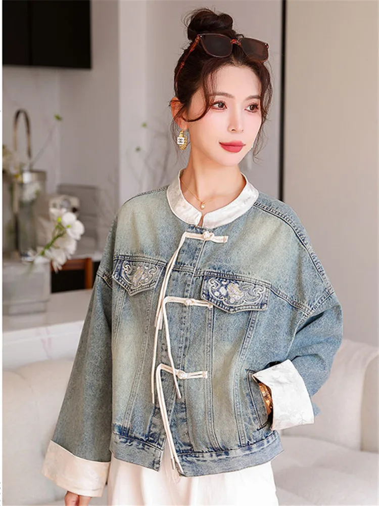 Imagem -04 - Jaqueta Jeans Bordada Estilo Chinês para Mulheres Terno Casual Tang Roupas Femininas Fivela Discante Outwear para Primavera e Outono Nova