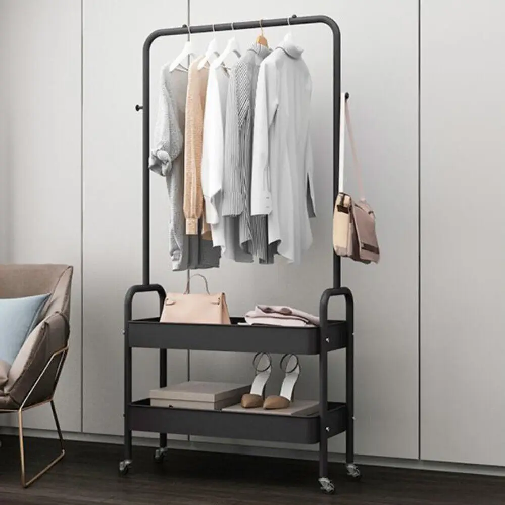 

2 Tier Black Metal Rolling Clothes Rack for Hanging Clothes with Wheels Standing Clothes Hanger Rack Rolling Storage Cart