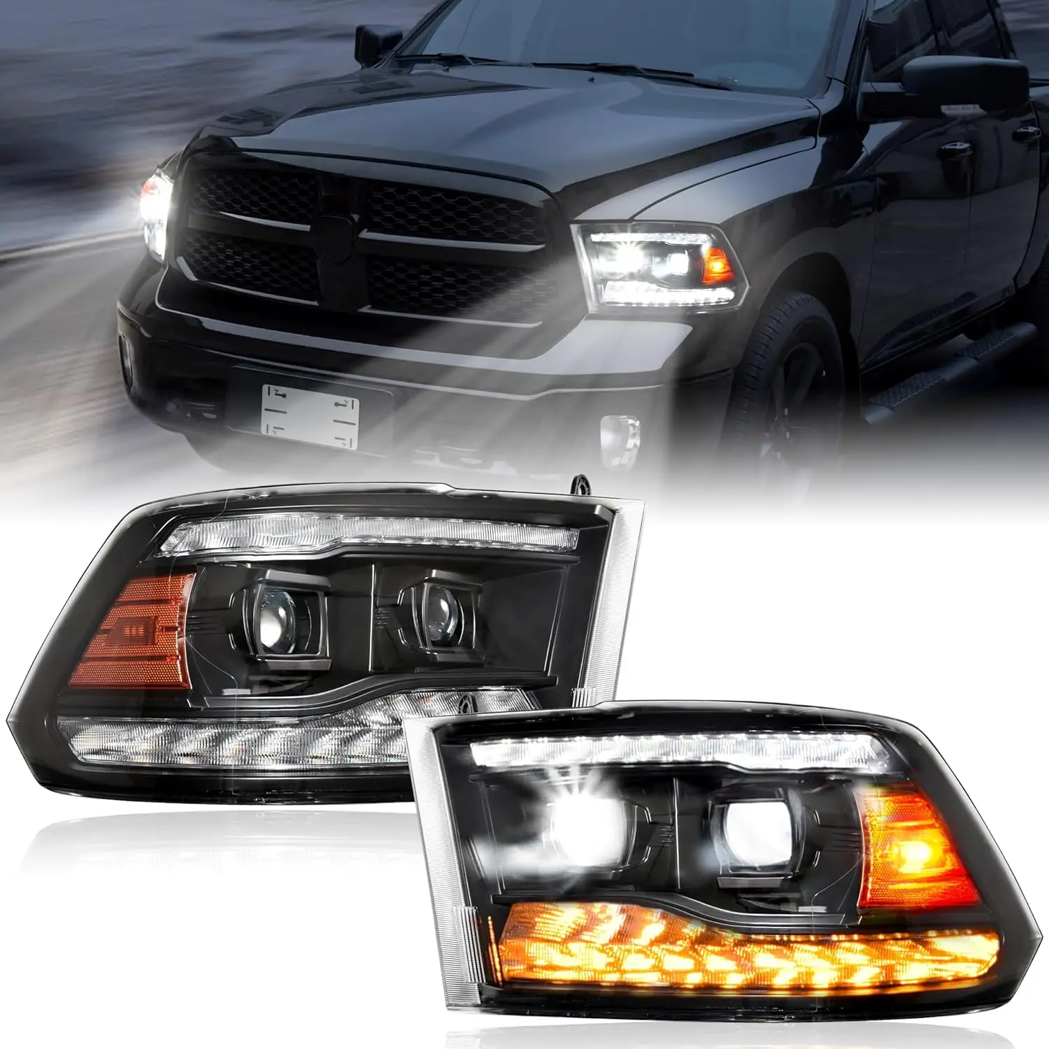 Full LED Headlights with DRL Dynamic Animation Sequential Turn Signal, Compatible with 2009-2018 1500/2500/3500 Series Trucks -