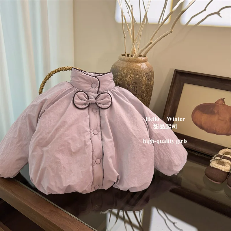 

Розовое хлопковое пальто для девочек, новая зимняя хлопковая куртка в иностранном стиле, однотонная куртка на хлопковой подкладке, корейская простая стильная одежда