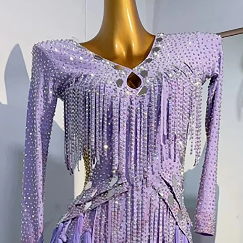 Gonna con nappe con giunture a barra di diamanti personalizzata di fascia alta da donna per danza latina, abito con strass con prestazioni di precisione di Samba