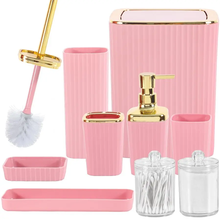

Bathroom Accessories Kit 9 Pieces Pink Bathroom Set with Trash Can Toothbrush Holder Soap Dispenser Toothbrush Cup