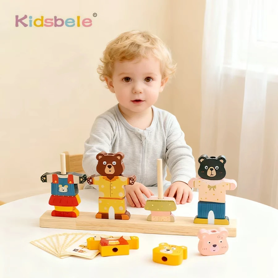 Orsi che cambiano vestiti Blocchi impilabili Giocattolo Montessori in età prescolare in legno Puzzle colorato Gioco fantasioso per bambini Regalo di compleanno