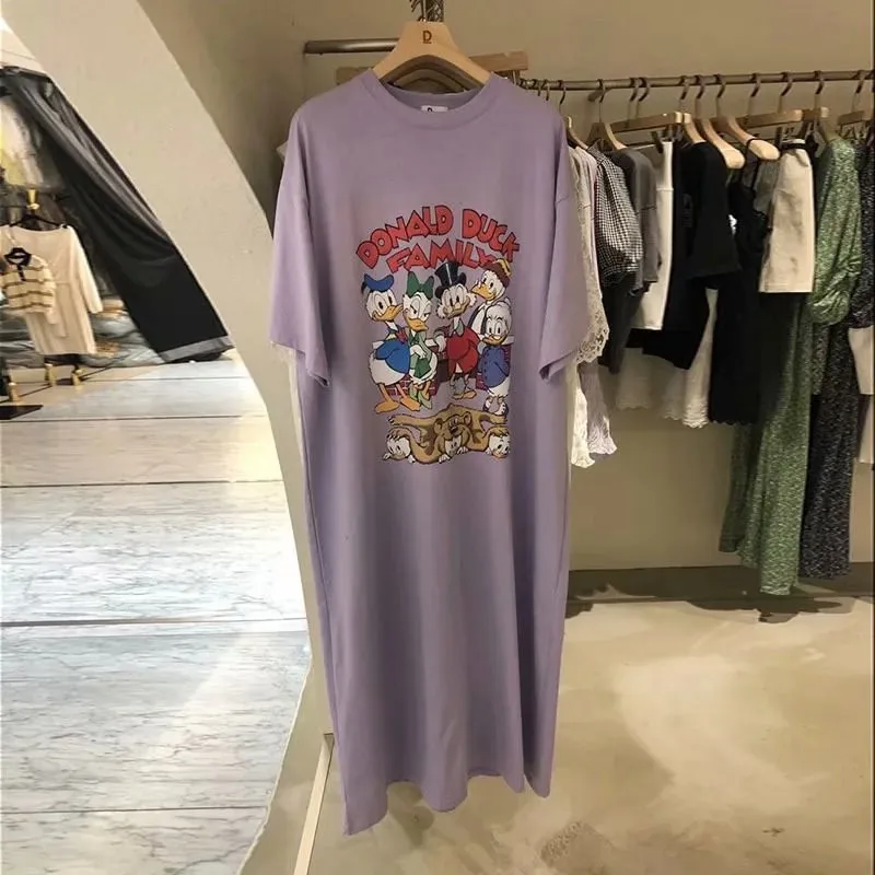 Cartoon T-shirt Womens long dresses Female Casual Mid-length Section Over The Knee Loose Large Size Short-sleeve T-shirt Skirt