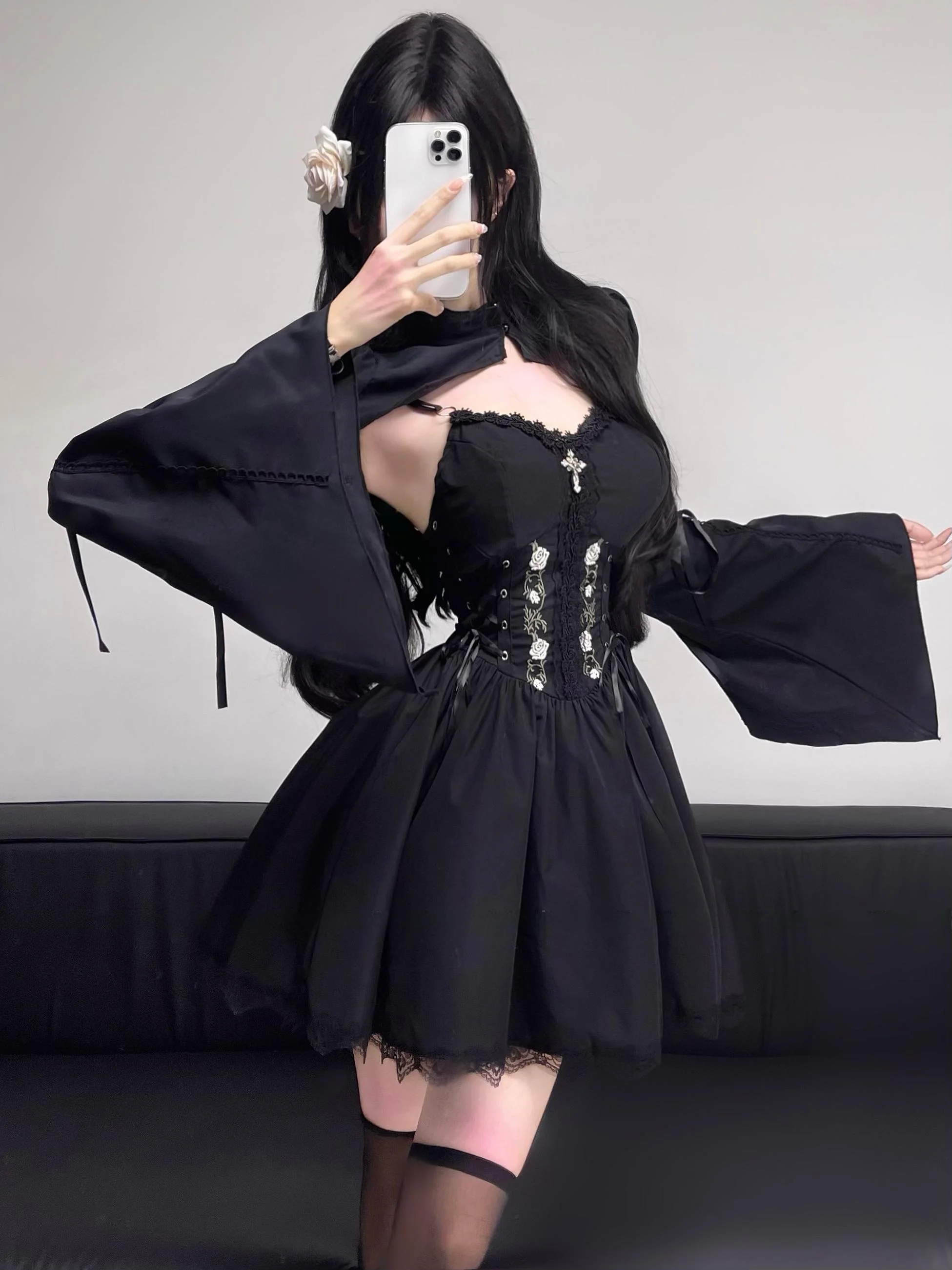 

Готический костюм Лолиты на Хэллоуин, топ, женский ор Svel Lace irt Bla Long Sve Bell Sve, прикрывающий бандажный дизайн