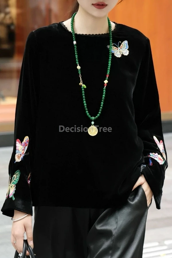 

2025 exquisite butterfly embroideried tang suit top retro versatile winter long sleeved chinese blouse elegant daily women's top
