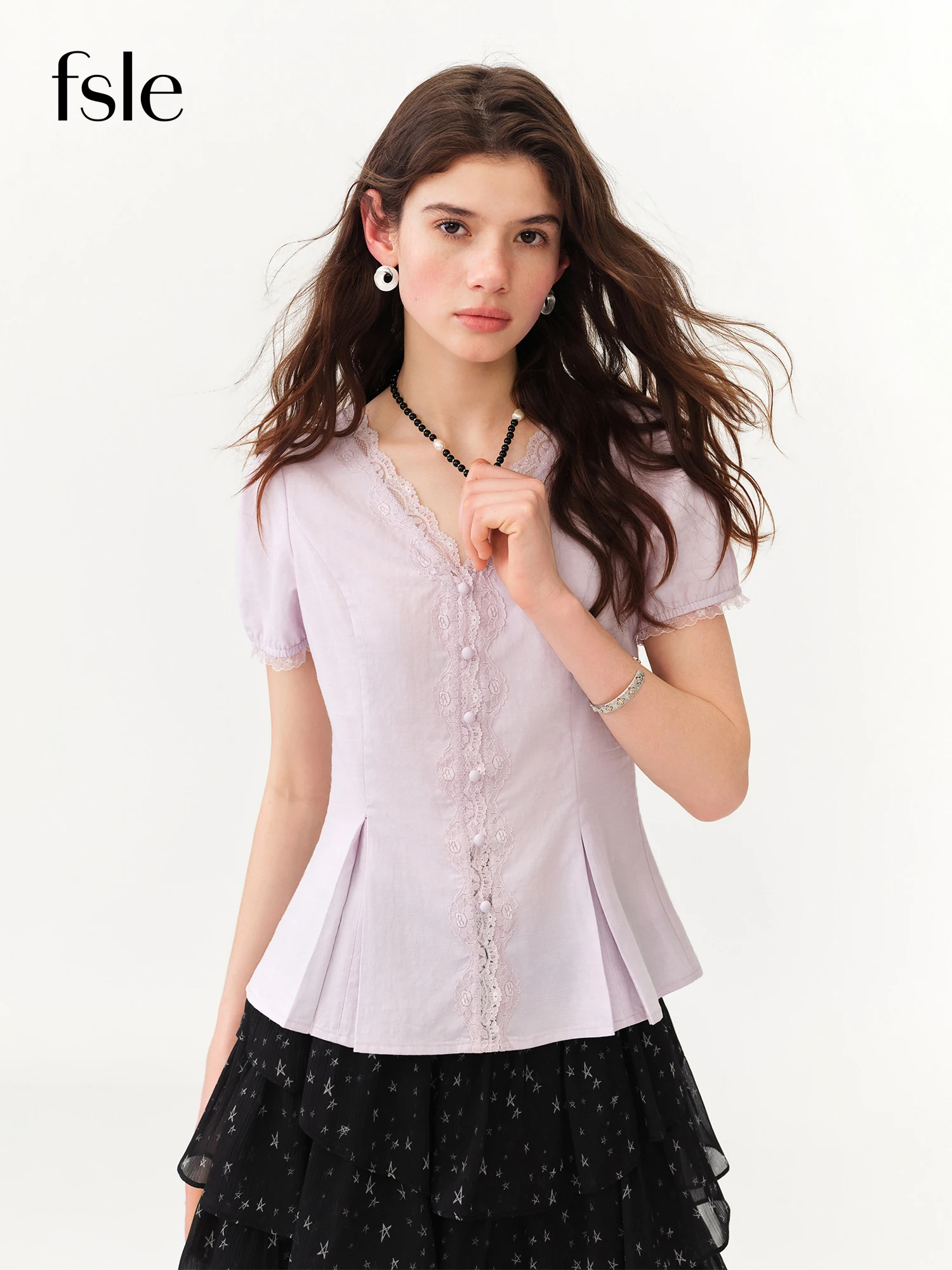 

FSLE 2026 Summer Women's Linen Short Sleeve Shirt Romantic Lace Trim and Waist-Defining Fit for Casual and Holiday Outings​