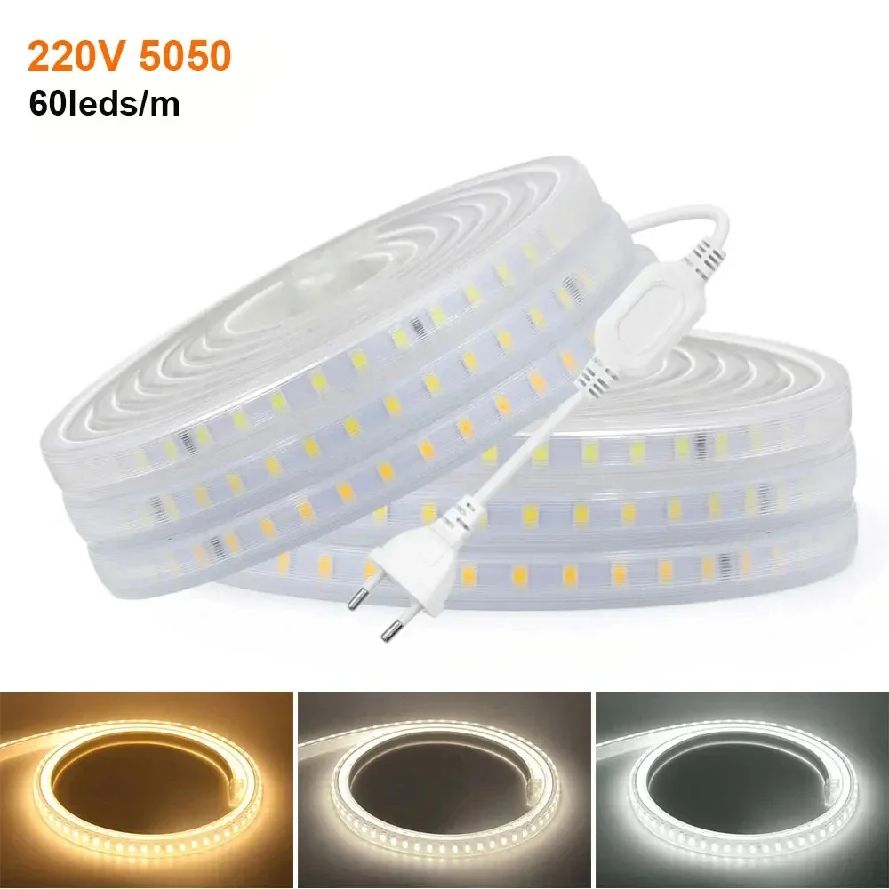 

220V Led Strip Lights 5050 Led Tape With Switch Bright Led Light For Kitchen Under Cabinet 1M 20M Diode Tape With Eu Plug White