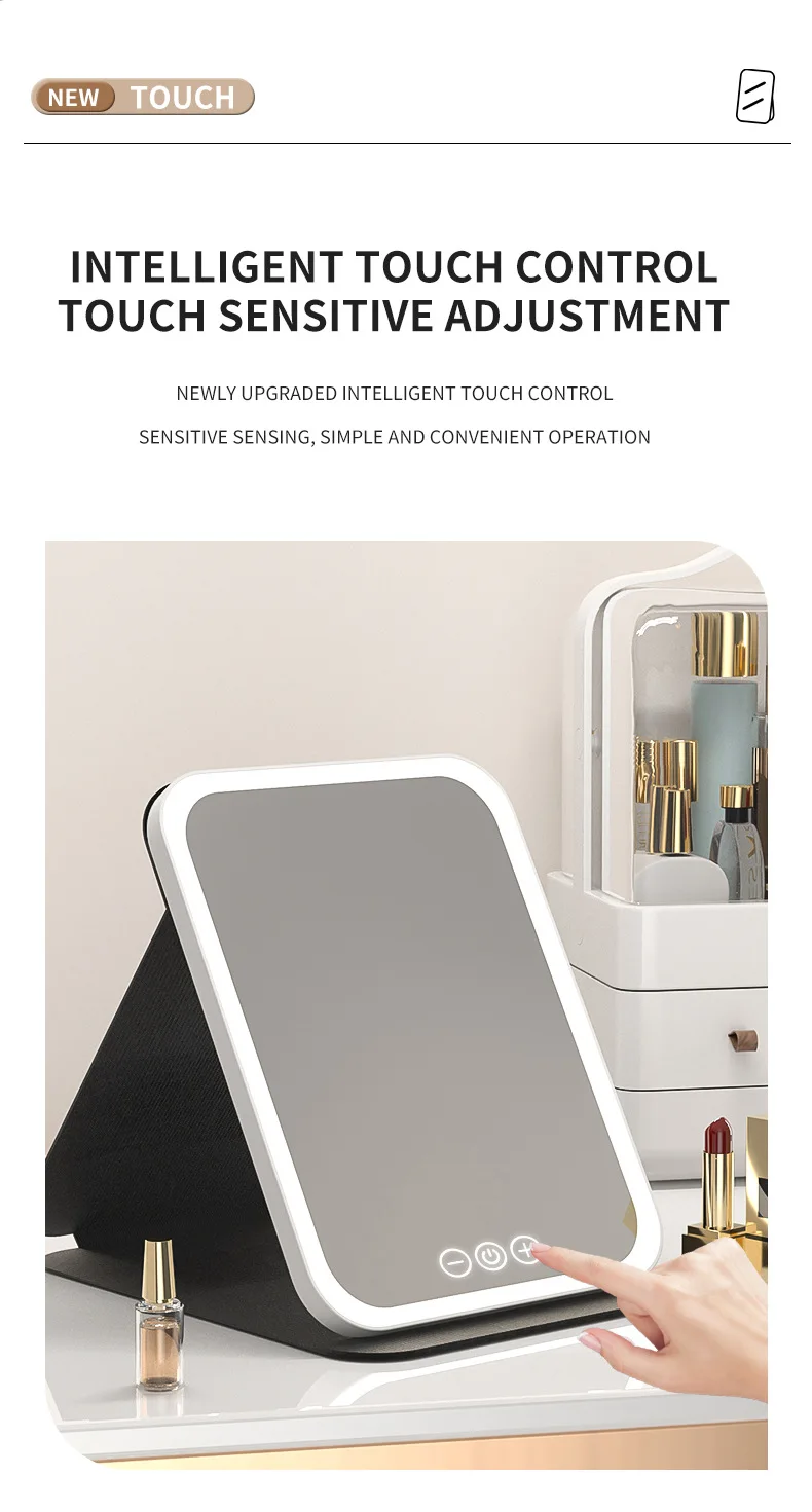 Portátil led espelho de maquiagem recarregável 3 cores luz toque escurecimento dobrável viagem caso couro vaidade cosméticos desktop iluminado