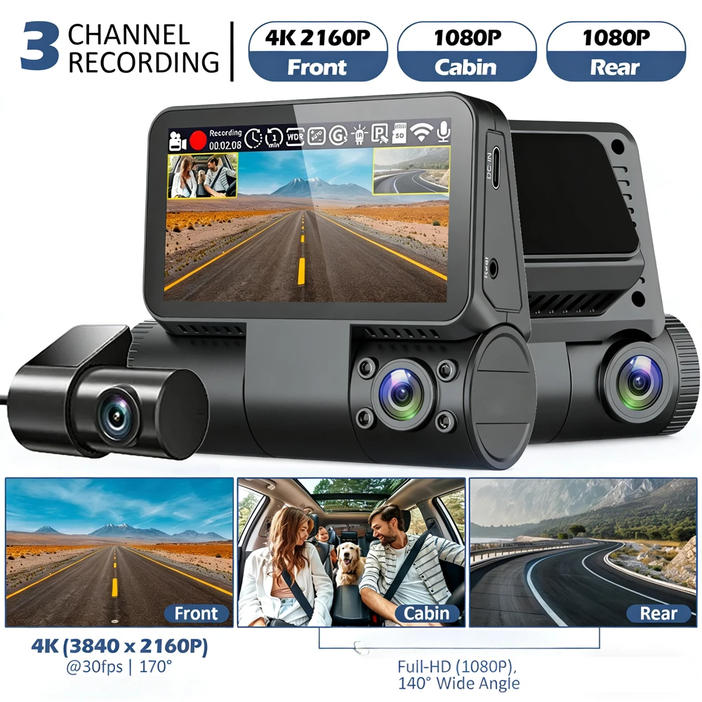2026 Dash Cam Ultra 4K+1080P+1080P 3 lens 3 Channel Front Cabin Rear Touch Screen Car DVR Recorder ADAS Night Vision GPS Track