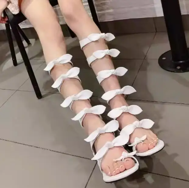 

Summer Front Bowties Cutout 5cm Chunky Heels Knee Sandals Boots Gladiator Butterfly Knot Thong Toe Boots Zipper Women