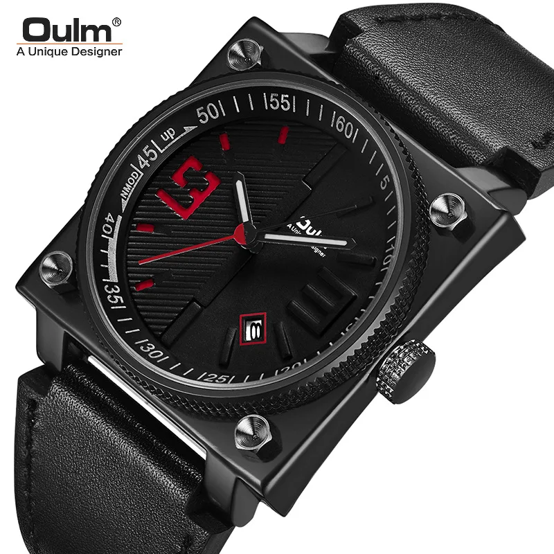 

Oulm Cool Black Square Watch For Man Fashion Waterproof Quartz Watches Leather Strap Auto Date Wrist Watch Men 2025 New