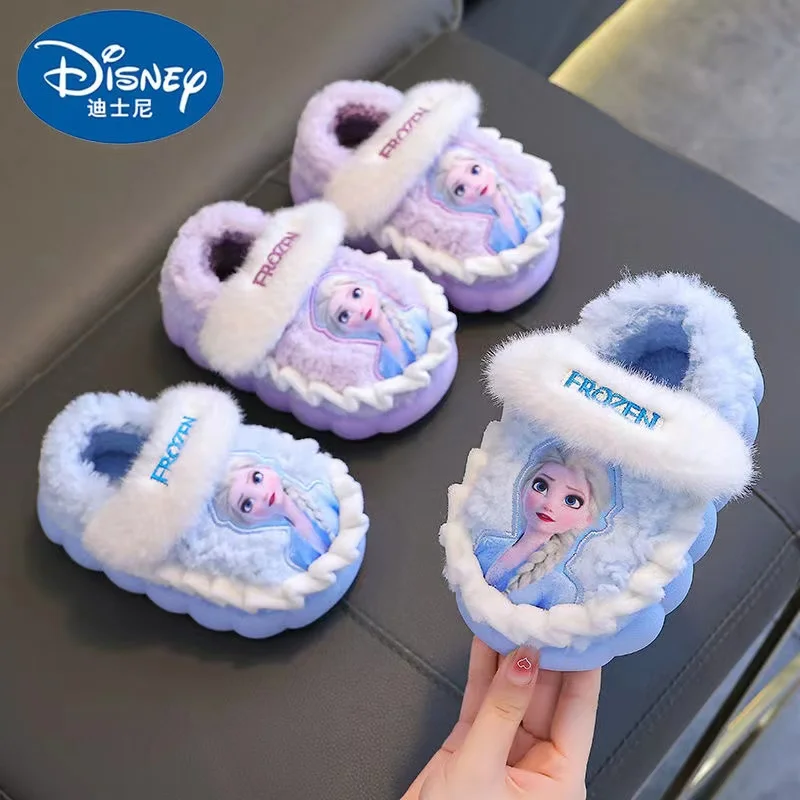 Disney Winter Children Cotton Slipper Girl Cartoon Princess Frozen Elsa Indoor Warmth Preservation Non slip Kid Plush Home Shoes