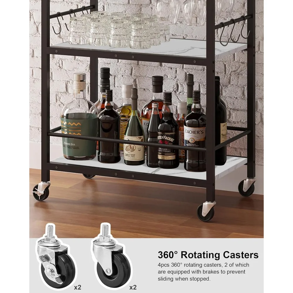 عربة بار المنزل - عربة تقديم متنقلة مع رف نبيذ وحامل زجاجي للمطبخ ومنطقة الطعام