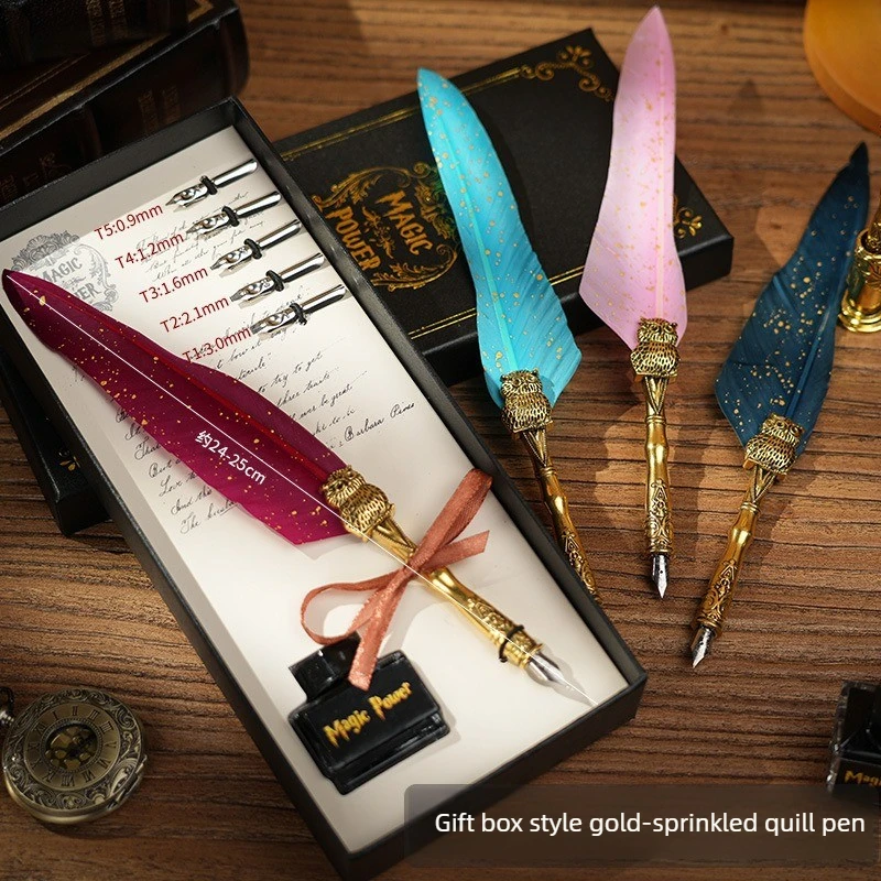 1 Set Retro Calligraphy Feather Dip Pen Set with 2 Nib Options Quill Fountain Writing Vintage Stationery Gift Box