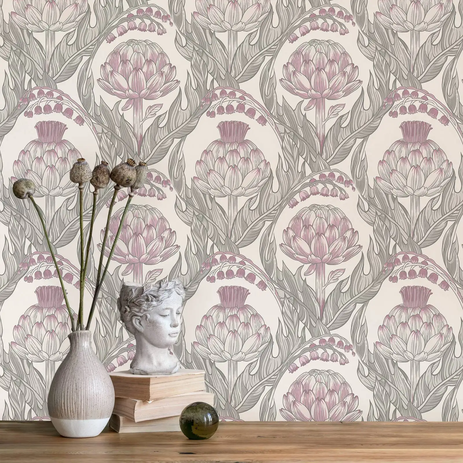 Delicately drawn florals in cream and green, Vintage Wallpaper. Floral Wall paper, Fresh Flowers Wallpapers