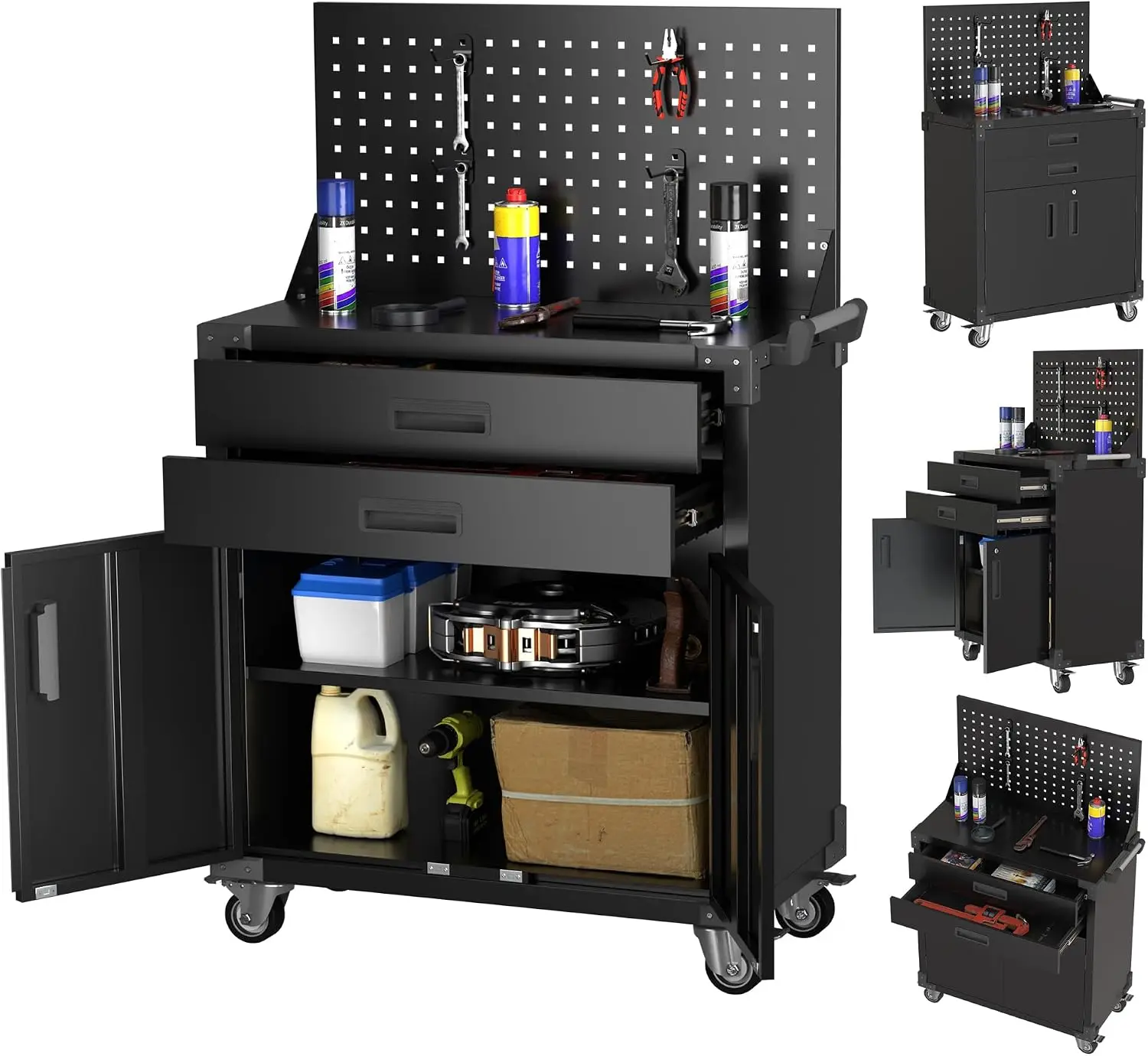 Heavy-Duty Steel Tool Cart with 2 Drawers, Lockable Doors, Pegboard, 4 Hooks and 4 Locking Wheels for Garage or Workshop Storage
