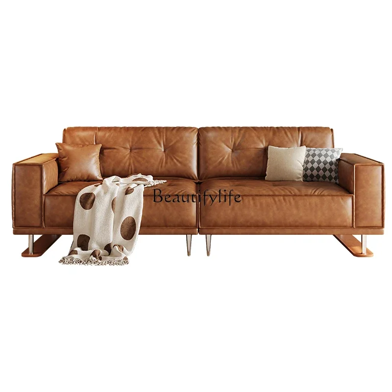 أريكة جلدية من الشمع الزيتي LJYretro شقة صغيرة فرنسية من القرون الوسطى أسفل أريكة من الخشب الصلب من الطبقة الأولى من جلد البقر المستقيم