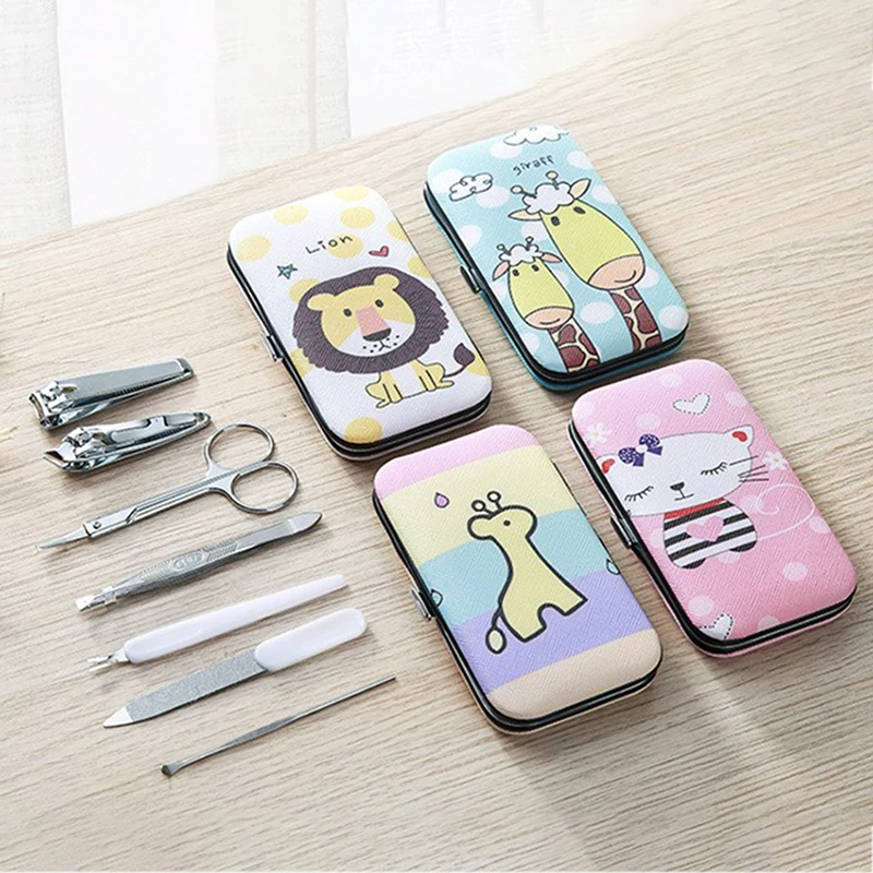 7Pcs/set Cartoon Nail Art Kit Stainless Steel Nail Clippers Trimmers, Nail Files, Cuticle Pushers, Ear Spoon Pedicure Tools