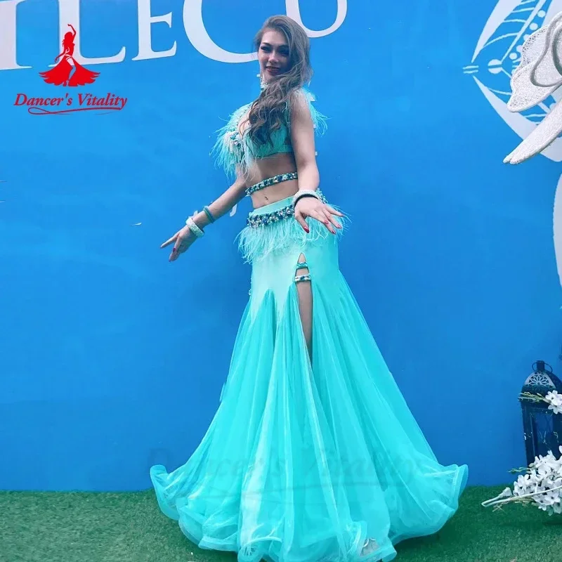 Belly Dance Suit Feather Diamond Bra Split Long Skirt Performance Clothing Set  High-end Custom Adult Child Competition Clothes