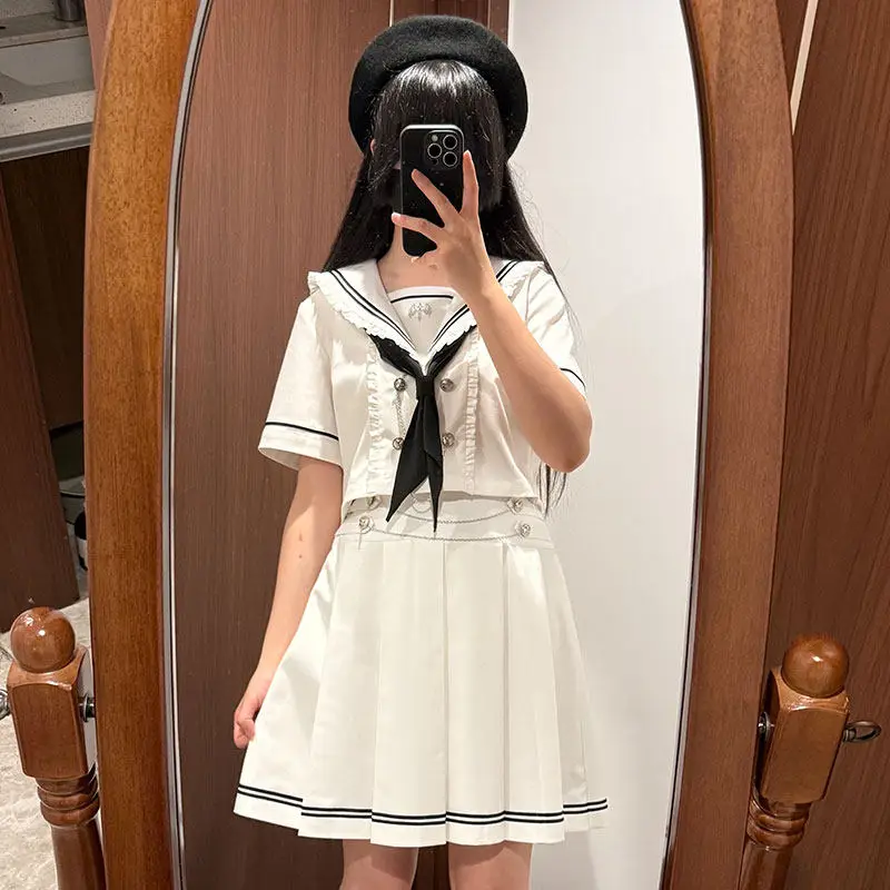 Japanese Subculture Sailor Suit Skirt Set Double-breasted Short Sleeve Crop Cardigans Top + Preppy Style JK Pleated Skirts Set