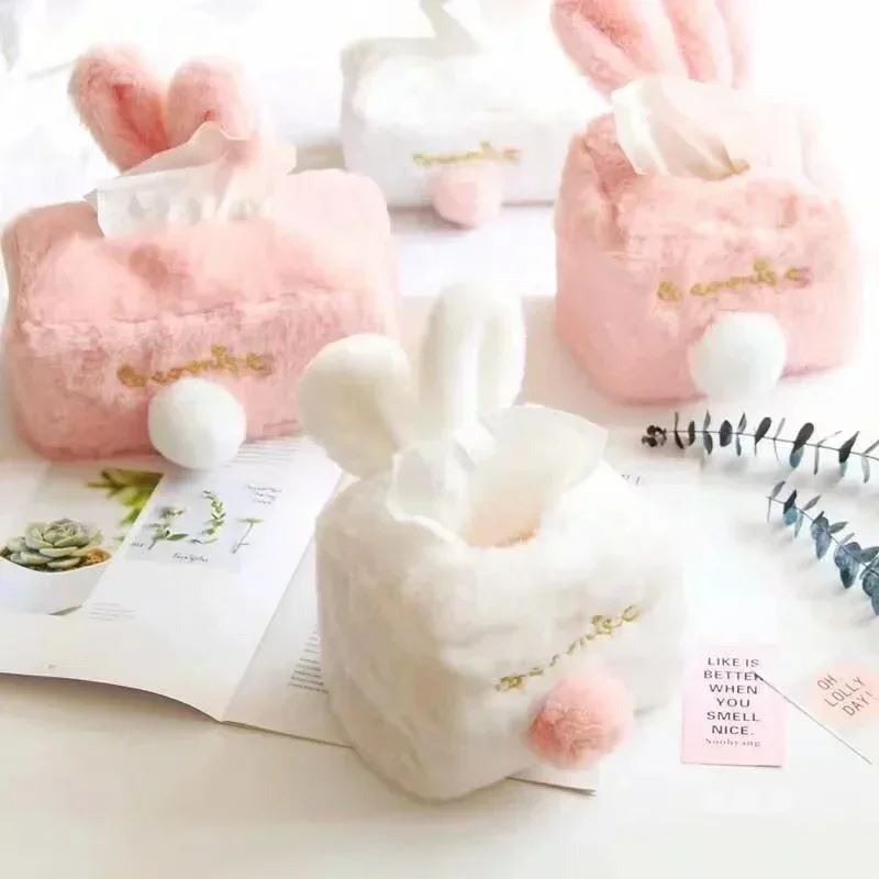 Kawaii Tissue Cover Cute Pink Plush Rabbit Tissues Storage Box Girls Gift Home Decoration Gift Toilet Paper Holder Napkin Case