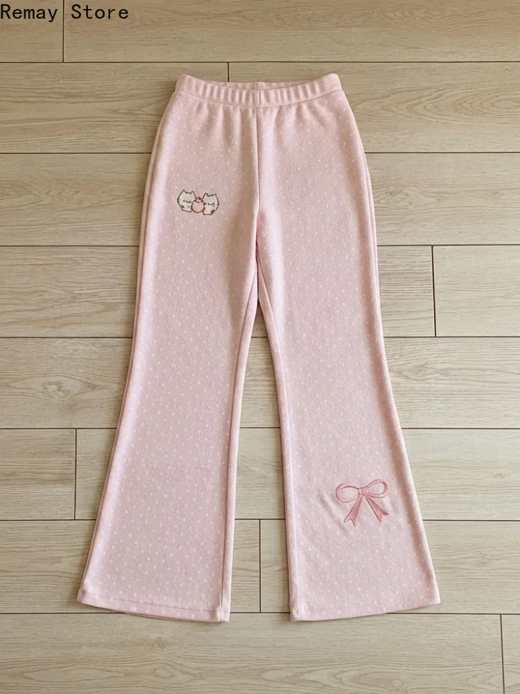 Autumn Winter Japanese Slim Elastic Waist Bell-bottoms Kawaii Sweet Polka Dot Thin Embroidery Trouser Women Lovely Pretty Pants