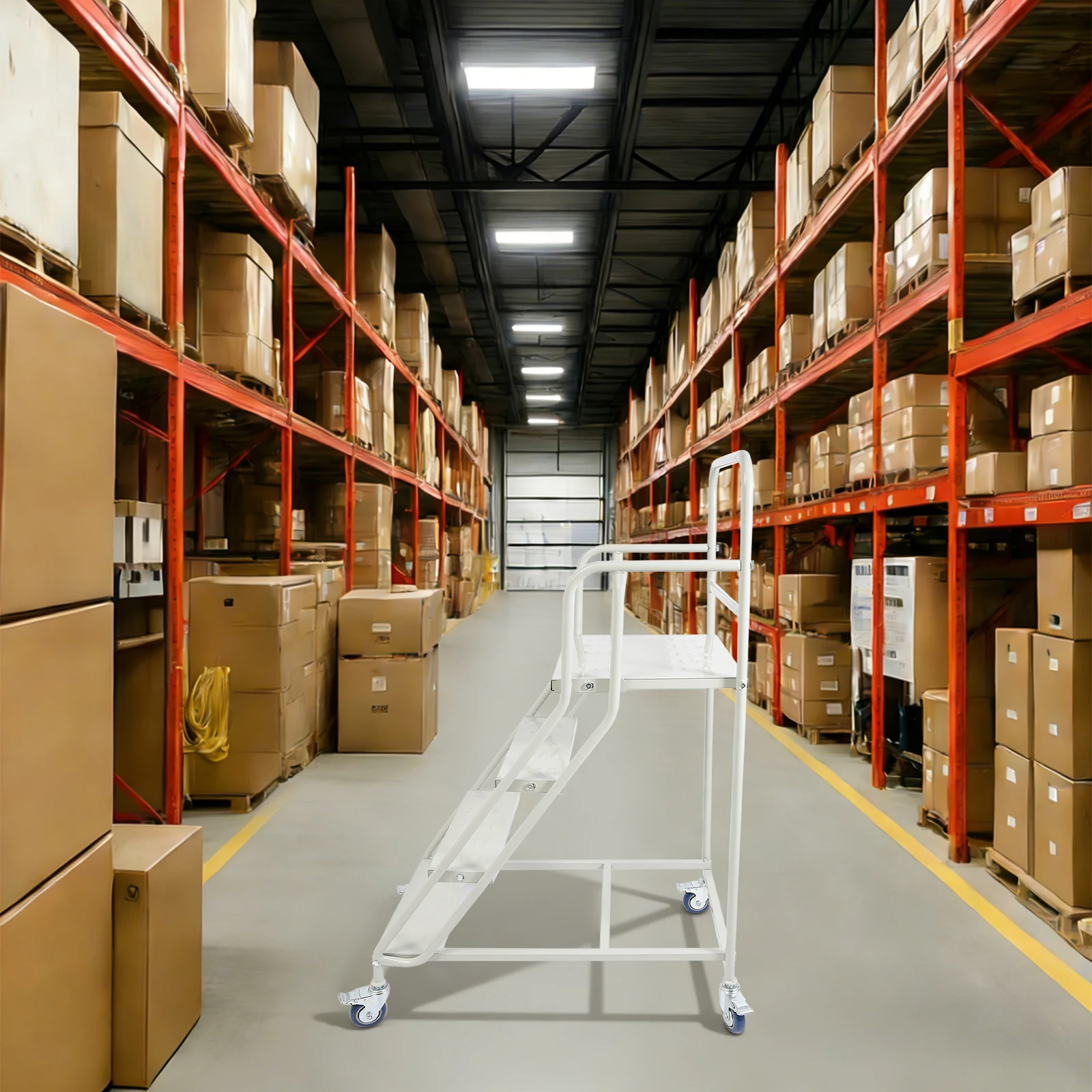

4 Step Rolling Stairs with Wheels, Warehouse Ladder with Handrails and PU Wheels, Cold Rolled Steel Step Ladder, Mobile Platform