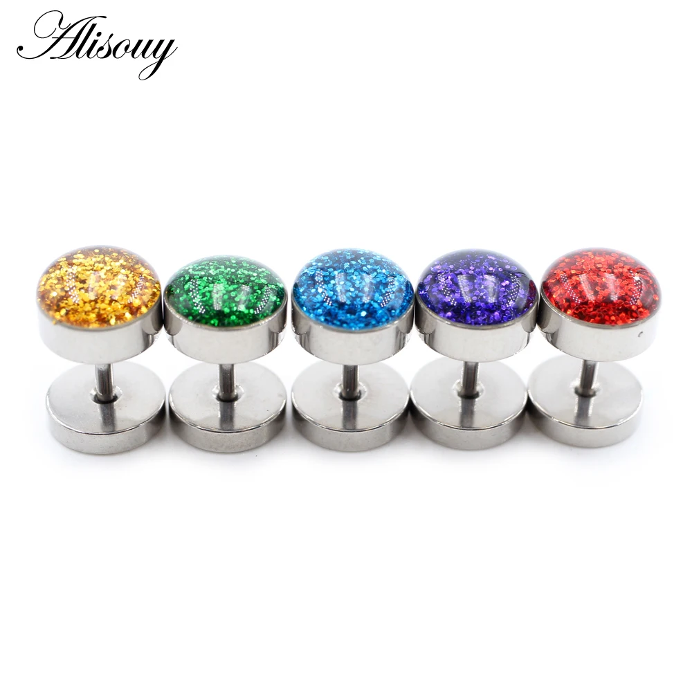 Alisouy 2pcs Glittering Sequin Stainless Steel Men Women Barbell Ear Stud Earring Tragus Helix Piercing Jewelry Fake Ear Plugs